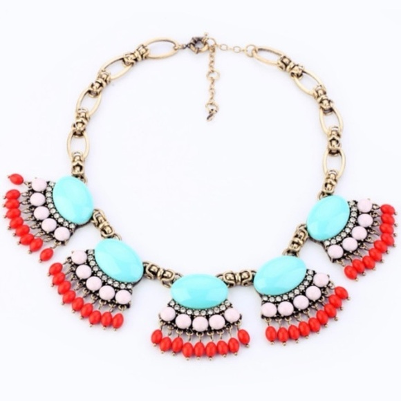 ILY COUTURE Women’s Turquoise Red Pink STATEMENT Necklace 22” Long Heavy Bright - Picture 1 of 5